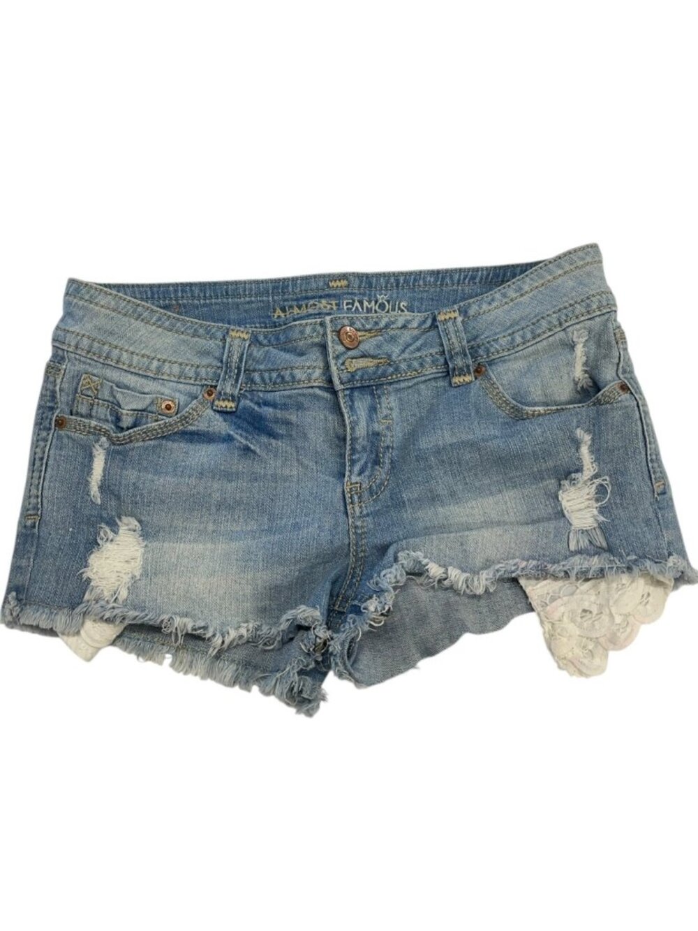 ALMOST FAMOUS Women's Light Wash Blue‎ Distressed Frayed Lace Denim Shorts sz 9